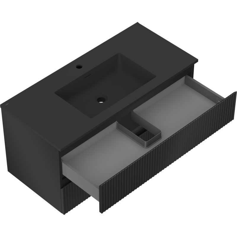 Mexen Rivel koupelnová skříňka 100 cm s umyvadlem Otis, 2 zásuvky, drážkovaná, černá mat - 91A20-10047-2-BFF71-W18M71