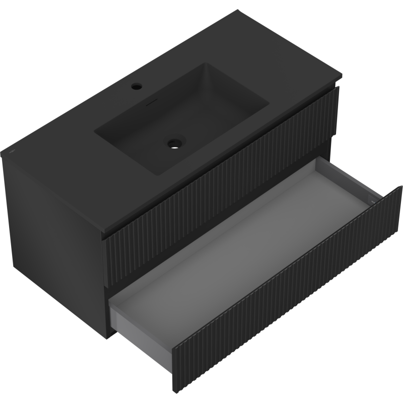 Mexen Rivel koupelnová skříňka 100 cm s umyvadlem Otis, 2 zásuvky, drážkovaná, černá mat - 91A20-10047-2-BFF71-W18M71