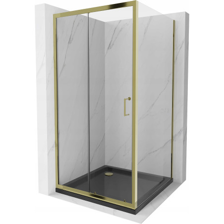 Mexen Apia sprchový kout posuvný 90 x 90 cm, transparentní, zlatý + vanička Flat, černý - 840-090-090-50-00-4070G