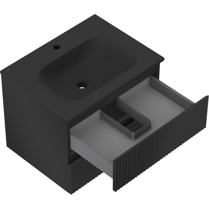 Mexen Rivel koupelnová skříňka 60 cm s umyvadlem Vela, 2 zásuvky, žebrovaná, černá mat - 91A20-06047-2-BFF71-W23M71