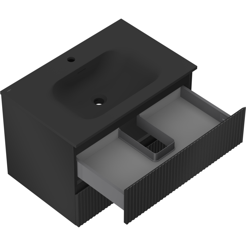 Mexen Rivel koupelnová skříňka 70 cm s umyvadlem Vela, 2 zásuvky, drážkovaná, černá matná - 91A20-07047-2-BFF71-W23M71