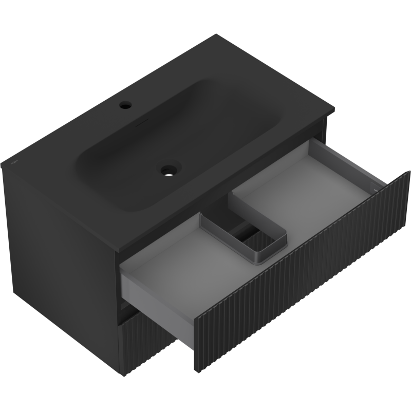Mexen Rivel koupelnová skříňka 80 cm s umyvadlem Vela, 2 zásuvky, rýhovaná, černý mat - 91A20-08047-2-BFF71-W23M71
