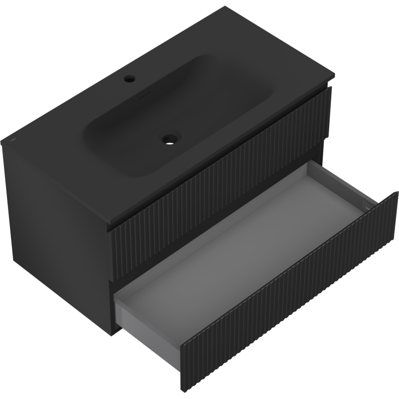 Mexen Rivel koupelnová skříňka 90 cm s umyvadlem Vela, 2 zásuvky, drážkovaná, černá mat - 91A20-09047-2-BFF71-W23M71