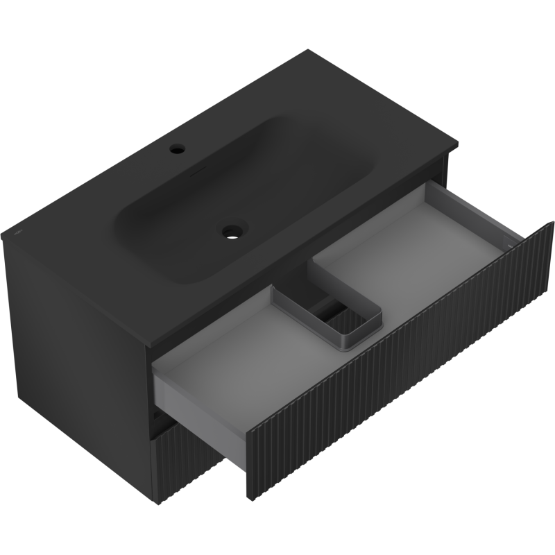 Mexen Rivel koupelnová skříňka 90 cm s umyvadlem Vela, 2 zásuvky, drážkovaná, černá mat - 91A20-09047-2-BFF71-W23M71