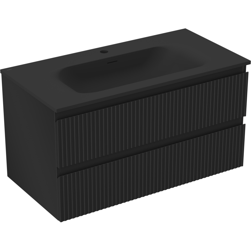 Mexen Rivel koupelnová skříňka 90 cm s umyvadlem Vela, 2 zásuvky, drážkovaná, černá mat - 91A20-09047-2-BFF71-W23M71