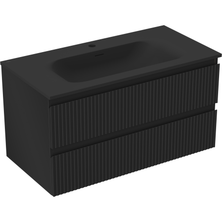 Mexen Rivel koupelnová skříňka 90 cm s umyvadlem Vela, 2 zásuvky, drážkovaná, černá mat - 91A20-09047-2-BFF71-W23M71
