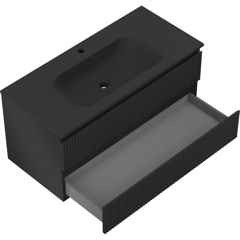 Mexen Rivel koupelnová skříňka 100 cm s umyvadlem Vela, 2 zásuvky, drážkovaná, černá mat - 91A20-10047-2-BFF71-W23M71