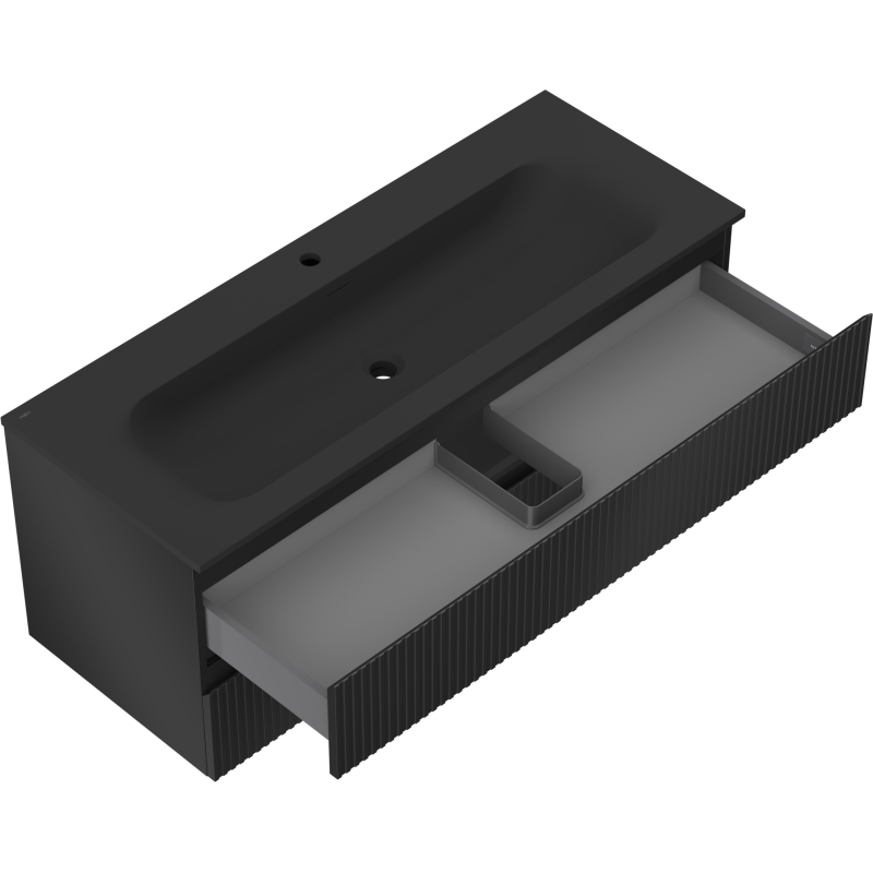 Mexen Rivel koupelnová skříňka 120 cm s umyvadlem Vela, 2 zásuvky, vroubkovaná, černá mat - 91A20-12047-2-BFF71-W23M71