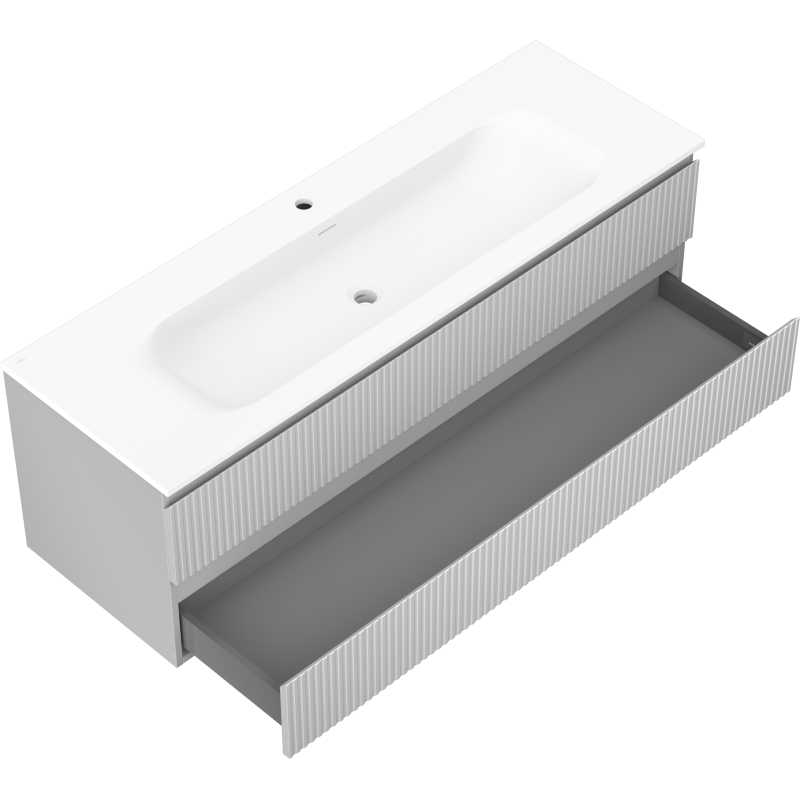 Mexen Rivel koupelnová skříňka 140 cm s umyvadlem Vela, 2 zásuvky, rýhovaná, šedá matná/bílá matná -