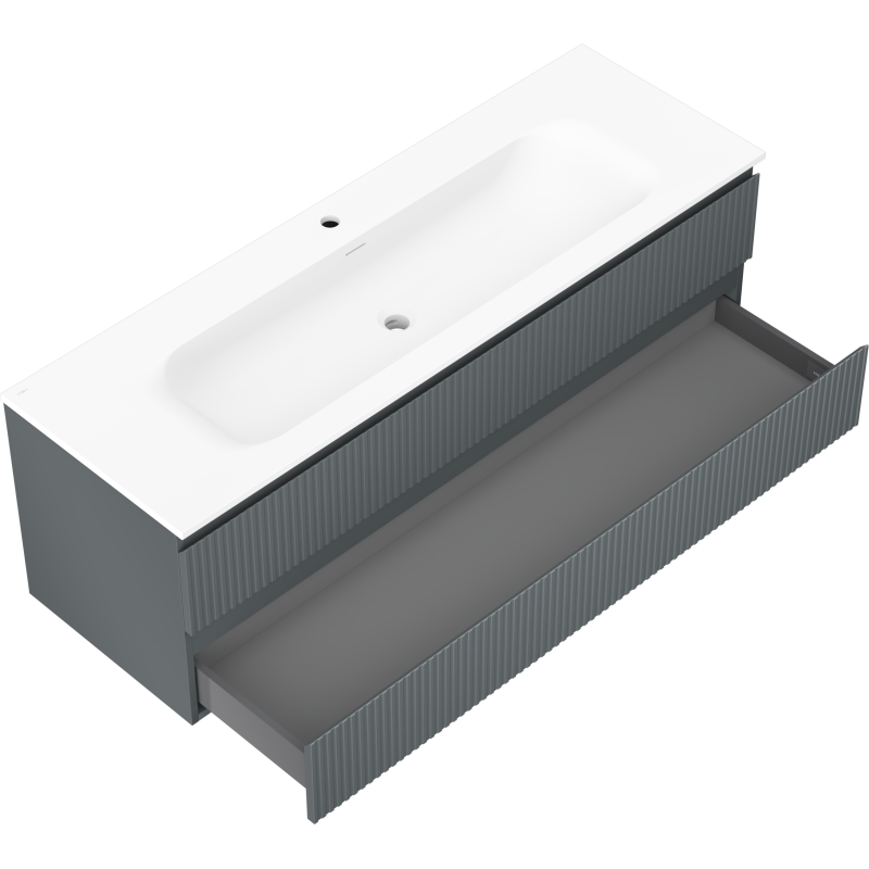 Mexen Rivel koupelnová skříňka 140 cm s umyvadlem Vela, 2 zásuvky, rýhovaná, grafit mat/bílá mat -