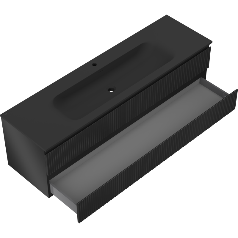 Mexen Rivel koupelnová skříňka 160 cm s umyvadlem Vela, 2 zásuvky, drážkovaná, černá mat - 91A20-16047-2-BFF71-W23M71