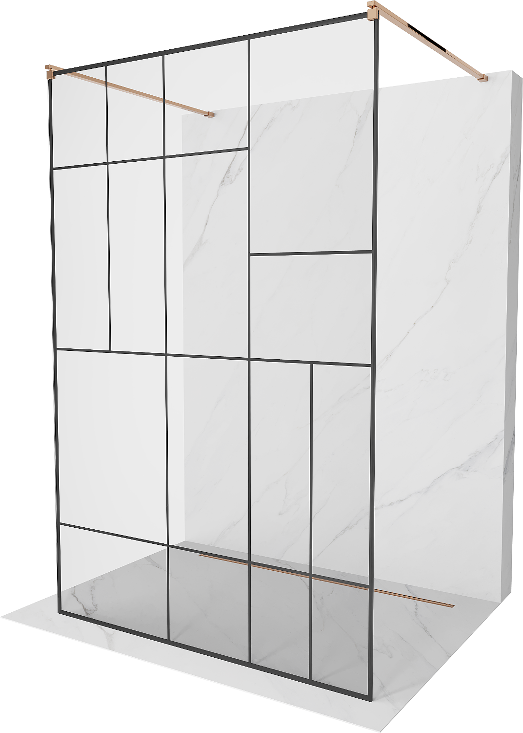 Mexen Kioto volně stojící sprchová zástěna 130 x 200 cm, Průhledné/Černý vzor 8 mm, Zlatorůžová - 800-130-002-60-78