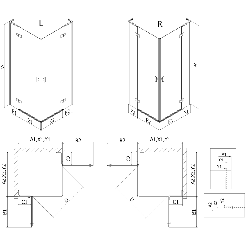 Mexen Mist-H L Duo sprchová kabina výklopná 115 x 115 cm, transparentní, zlatá kartáčovaná - 8A5L-115L-115P-55-00