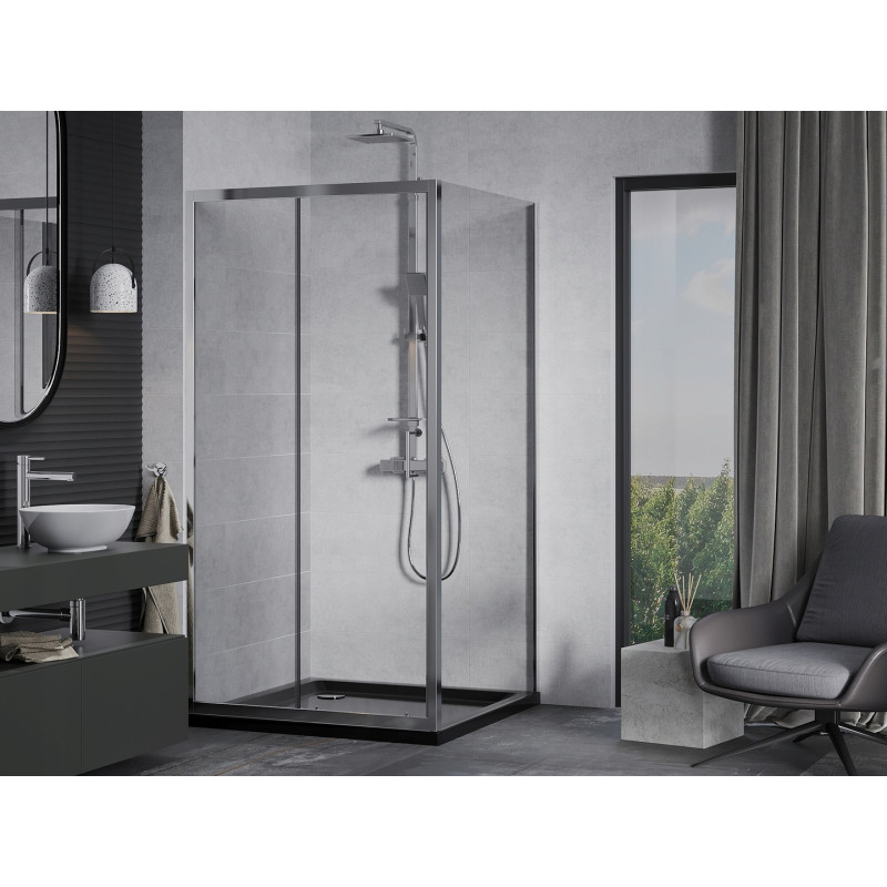 Mexen Apia posuvná sprchová kabina 90 x 90 cm, transparentní, chrom + vanička Flat, černá - 840-090-090-01-00-4070