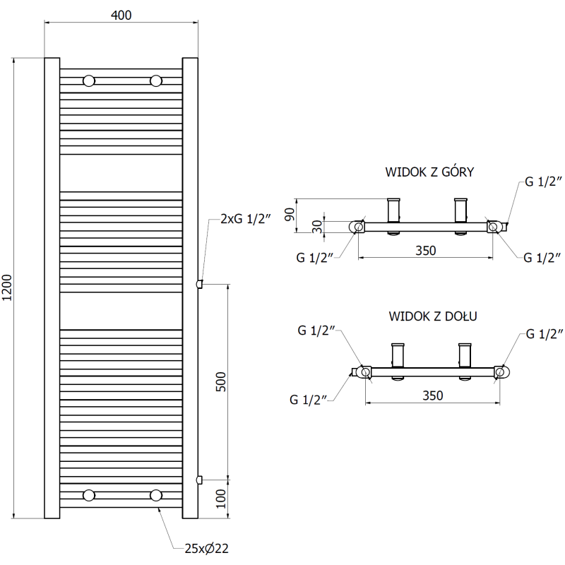 Mexen Mars boční koupelnový radiátor 1200 x 400 mm, 439 W, bílý - W110-1200-400-00-20-S