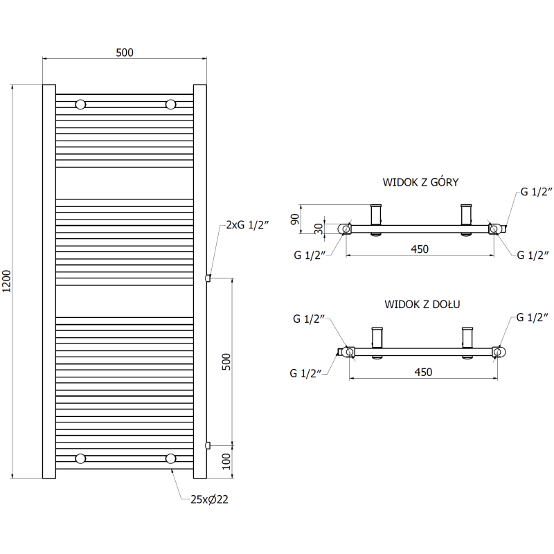 Mexen Mars boční koupelnový radiátor 1200 x 500 mm, 528 W, černý - W110-1200-500-00-70-S