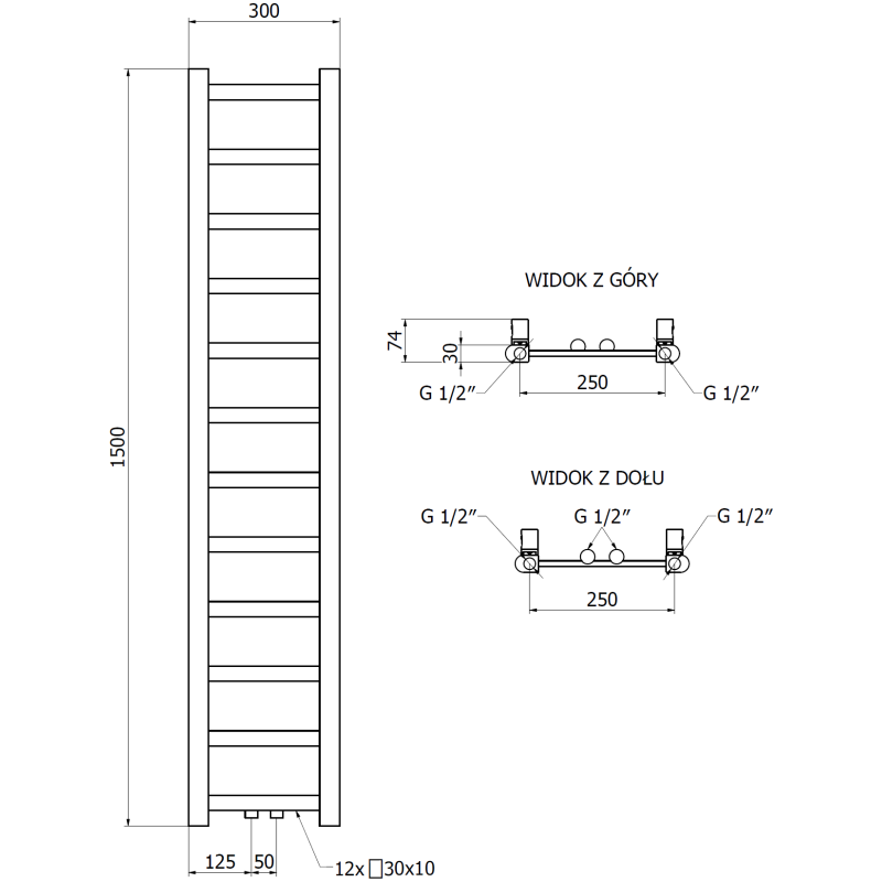 Mexen Bolt koupelnový radiátor 1500 x 300 mm, 295 W, černý - W126-1500-300-00-70
