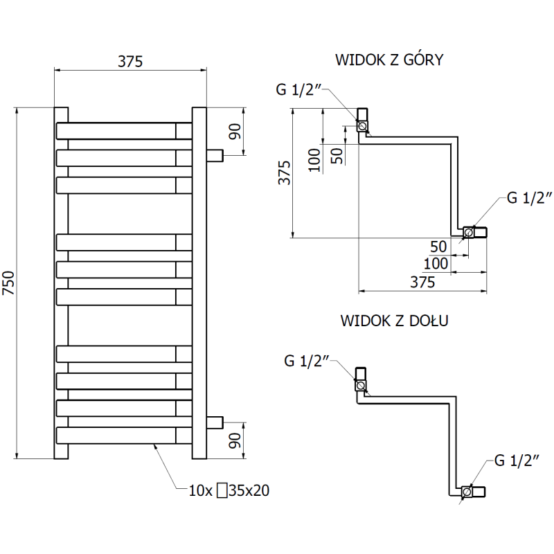 Mexen Loop koupelnový rohový radiátor 750 x 375 mm, 413 W, černý - W129-0750-350-00-70