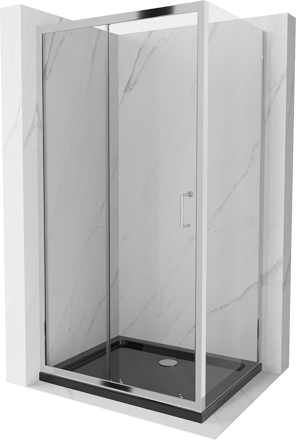 Mexen Apia rozsouvací sprchový kout 110 x 70 cm, Průhledné, Chromovaná + sprchová vanička Flat, Černá - 840-110-070-01-00-4070