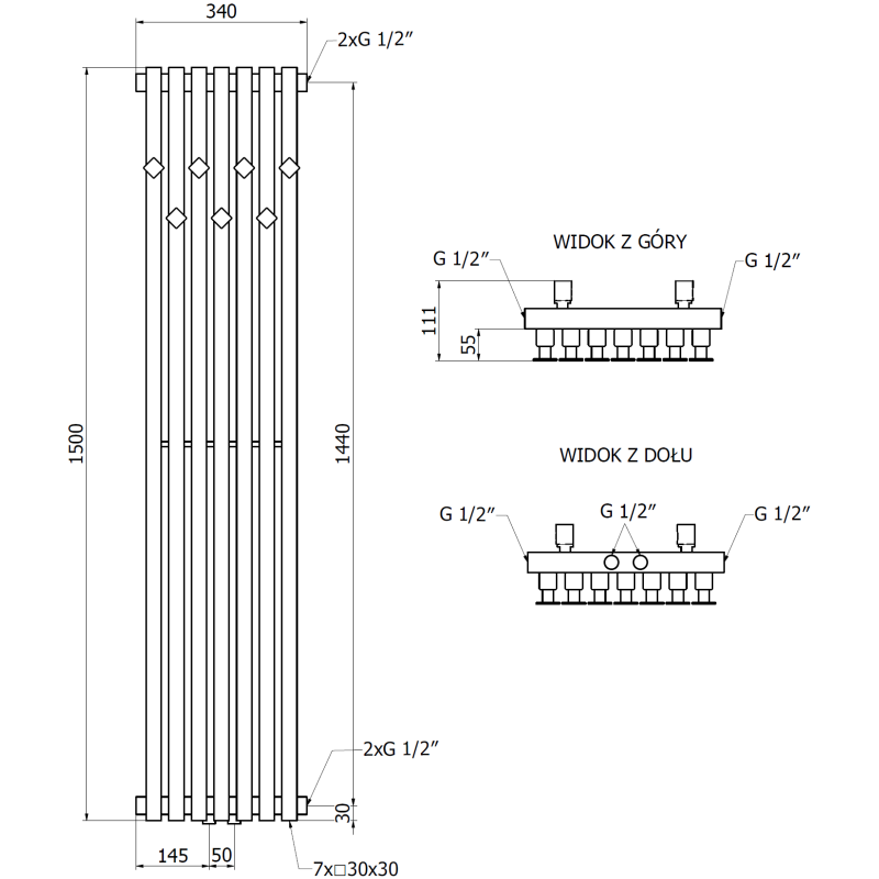 Mexen Flux dekorativní koupelnový radiátor 1500 x 340 mm, 630 W, černý - W127-1500-340-00-70