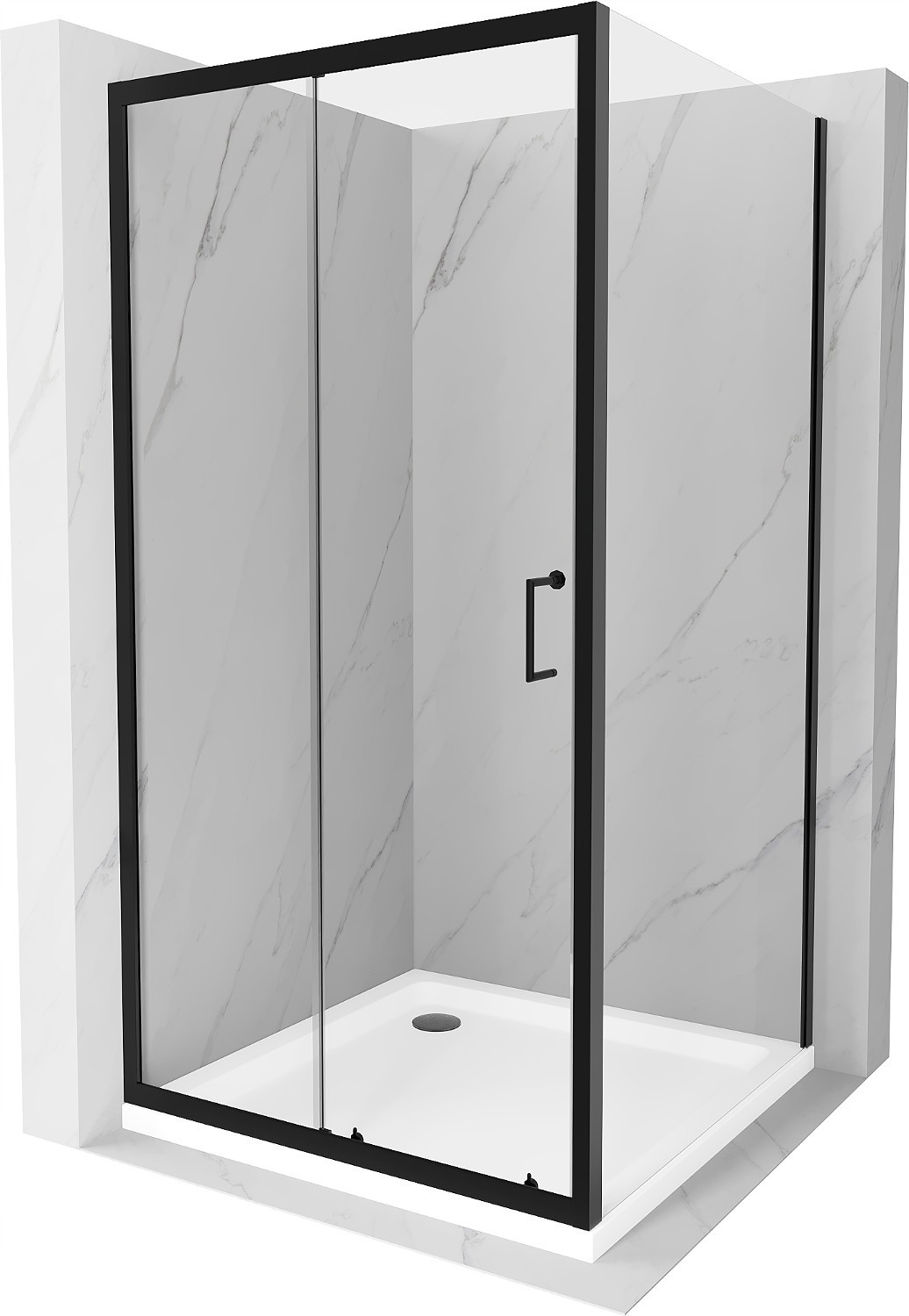 Mexen Apia rozsouvací sprchový kout 90 x 90 cm, Průhledné, Černá + sprchová vanička Flat, Bílá- 840-090-090-70-00-4010B