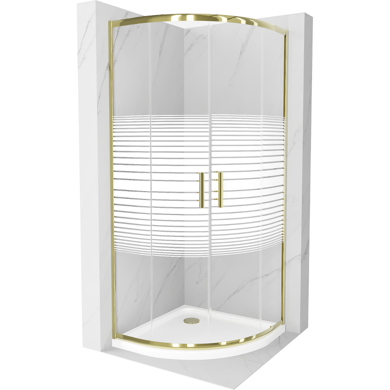 Mexen Rio sprchový kout půlkruhový 90 x 90 cm, bílé pruhy, zlatá + sprchová vanička Flat, bílá - 863-090-090-50-20-4110G