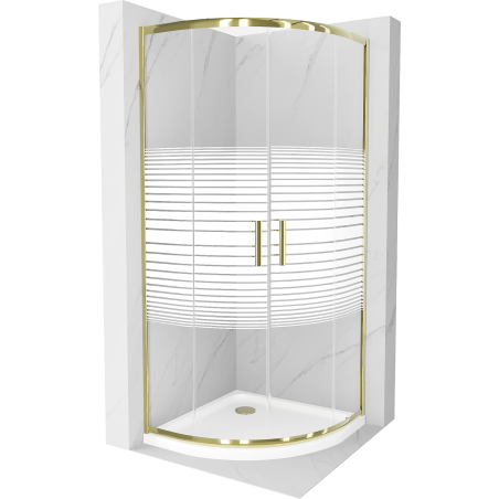 Mexen Rio sprchový kout půlkruhový 90 x 90 cm, bílé pruhy, zlatá + sprchová vanička Flat, bílá - 863-090-090-50-20-4110G