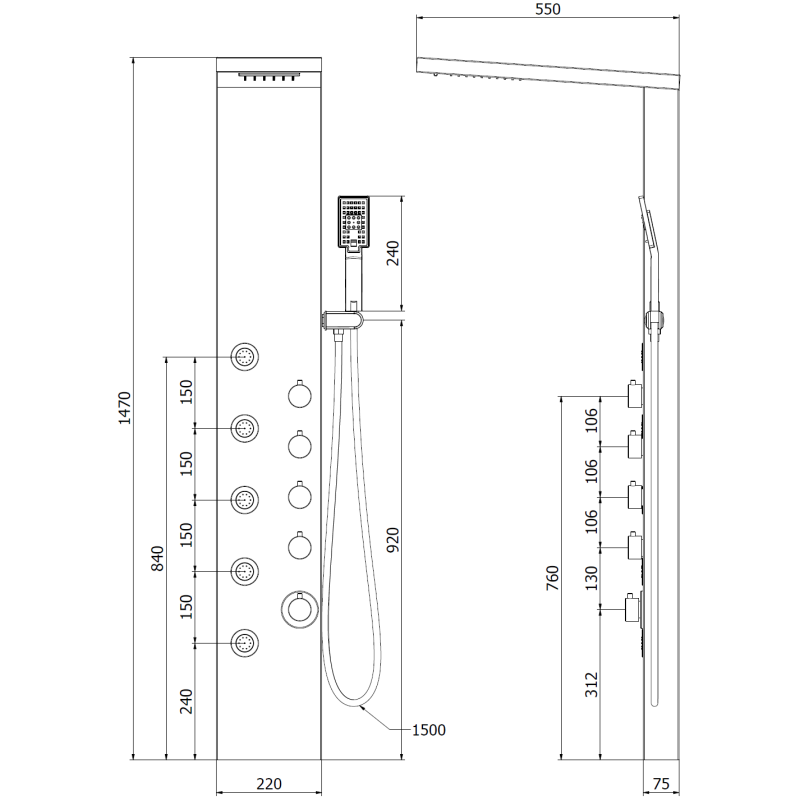 Mexen Lando sprchový panel, černý - 7611-04-70