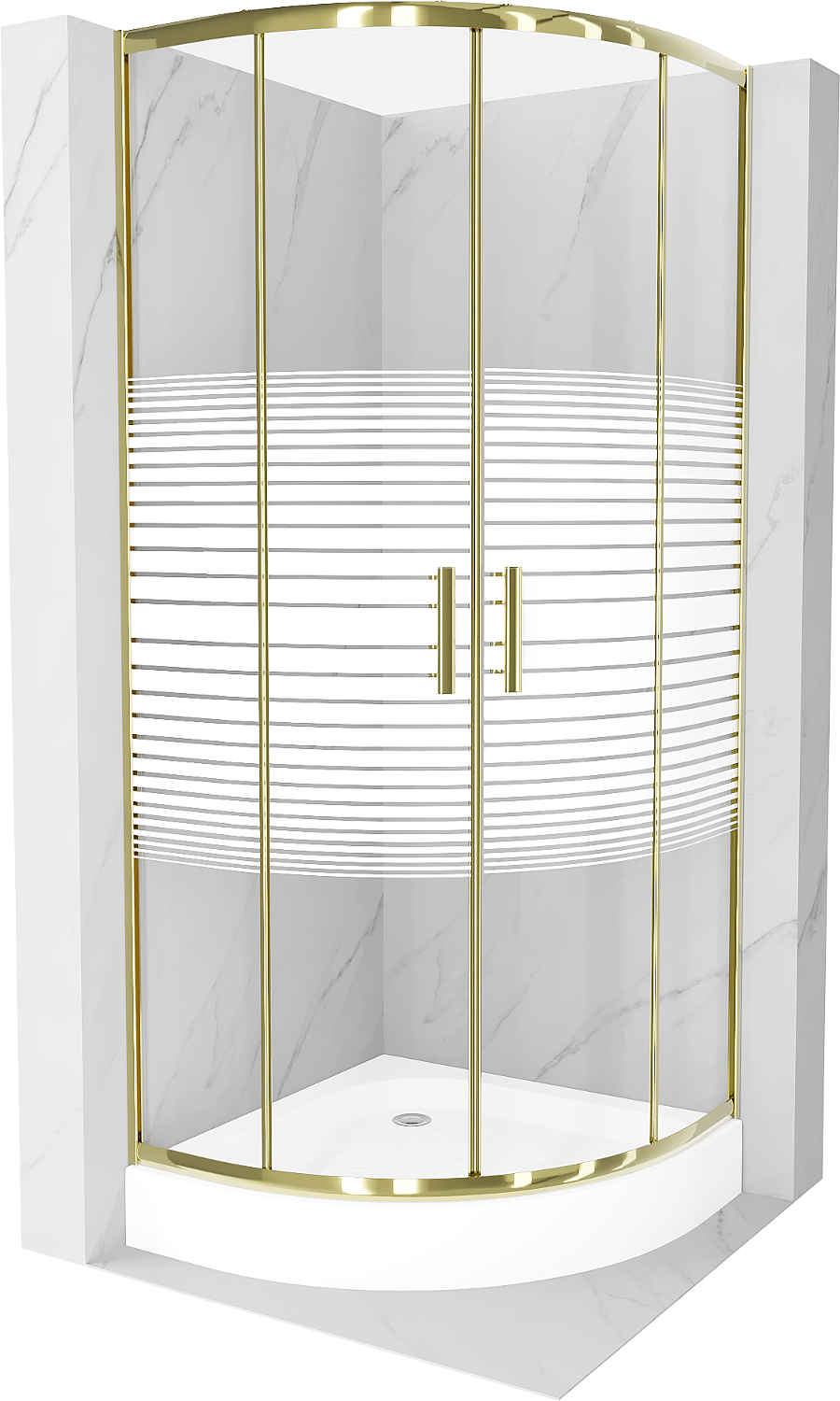 Mexen Rio půlkruhový sprchový kout 80 x 80 cm, Pruhy, Zlatá + sprchová vanička Rio, Bílá - 863-080-080-50-20-4710