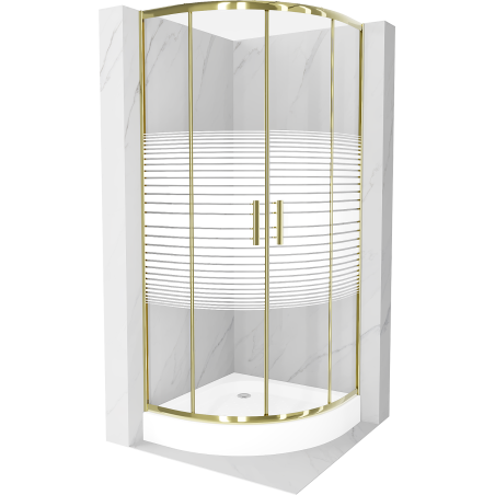 Mexen Rio sprchový kout půlkruhový 90 x 90 cm, bílé pruhy, zlato + sprchová vana, bílá - 863-090-090-50-20-4710
