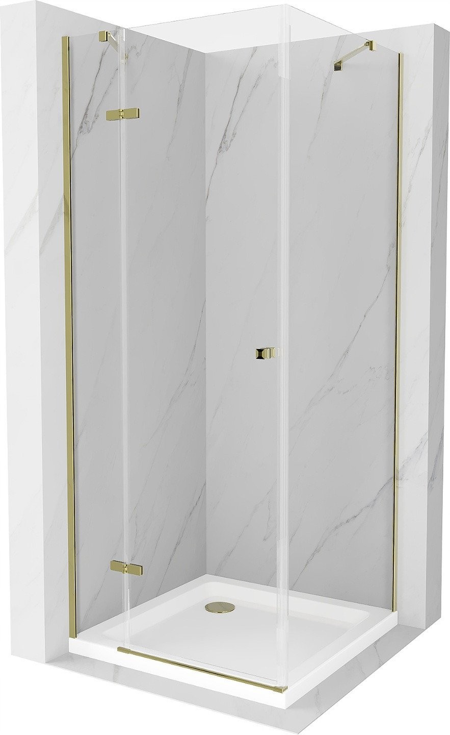Mexen Roma sprchový kout s otočnými dveřmi 100 x 100 cm, Průhledné, Zlatá + sprchová vanička Flat - 854-100-100-50-00-4010