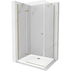 Mexen Roma sprchový kout s otočnými dveřmi 90 x 70 cm, Průhledné, Zlatá + sprchová vanička Flat - 854-090-070-50-00-4010