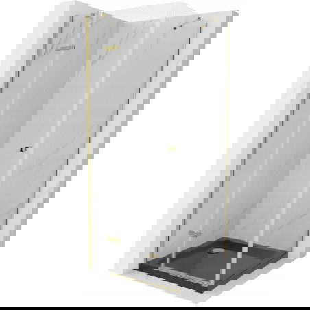 Mexen Roma sprchový kout otevíratelný 90 x 90 cm, transparentní, zlatý + sprchová vanička Flat, černá - 854-090-090-50-00-4070G