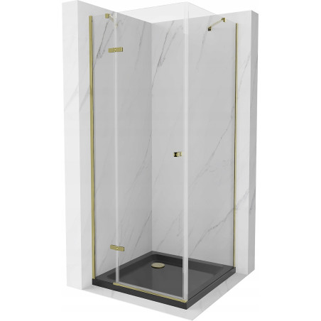 Mexen Roma sprchový kout výklopný 90 x 90 cm, transparentní, zlatý + vanička Flat, černý - 854-090-090-50-00-4070G
