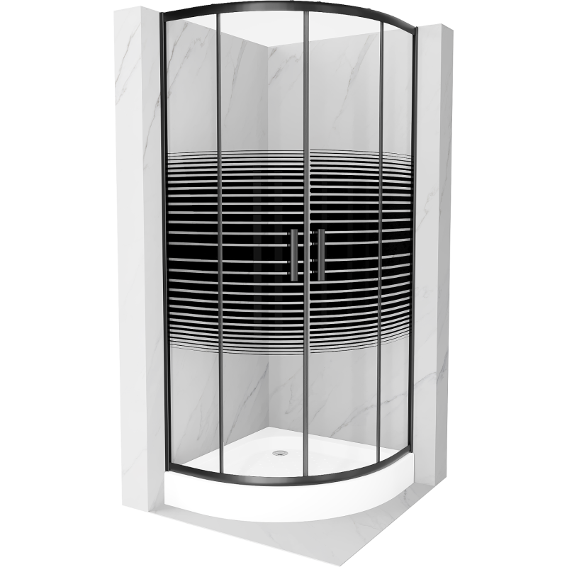 Mexen Rio půlkruhový sprchový kout 70 x 70 cm, černé pruhy, černý + vanička, bílá - 863-070-070-70-20-4710