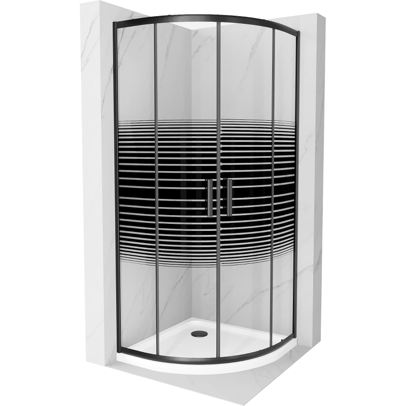 Mexen Rio polokrouhlý sprchový kout 80 x 80 cm, černé pruhy, černý + vanička Flat, bílá - 863-080-080-70-20-4110B