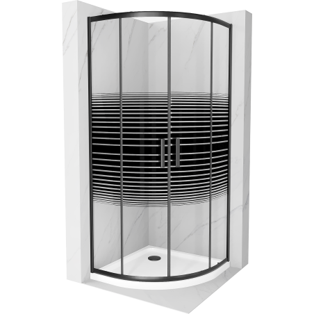 Mexen Rio polokrouhlý sprchový kout 80 x 80 cm, černé pruhy, černý + vanička Flat, bílá - 863-080-080-70-20-4110B