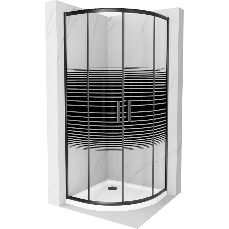 Mexen Rio půlkruhový sprchový kout 90 x 90 cm, černé pruhy, černá + sprchová vanička Flat, bílá - 863-090-090-70-20-4110B