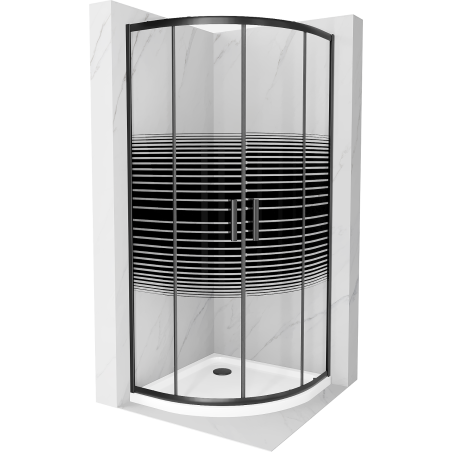 Mexen Rio půlkruhový sprchový kout 90 x 90 cm, černé pruhy, černá + sprchová vanička Flat, bílá - 863-090-090-70-20-4110B