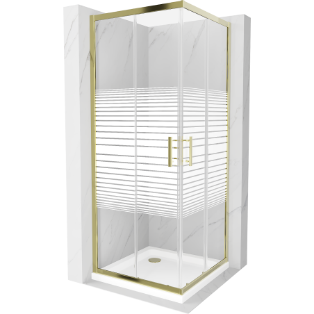 Mexen Rio čtvercová sprchová kabina 80 x 80 cm, bílé pruhy, zlatá + vana Flat, bílá - 860-080-080-50-20-4010G