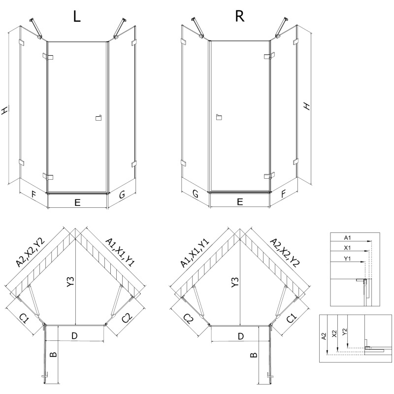 Mexen Lunar pětistranný sprchový kout pravý 100 x 80 cm, transparentní, kartáčovaná měď - 831-100P-080L-65-00-P