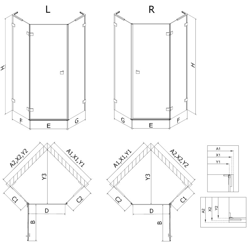 Mexen Lunar L sprchový kout pětiúhelníkový výklopný levý 80 x 80 cm, čirý, růžové zlato - 831L-080L-080P-60-00-L