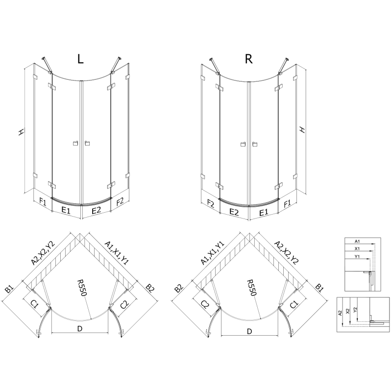 Mexen Lunar right-angled semi-circular shower cabin 100 x 80 cm, transparent, chrome - 833-100P-080L-01-00