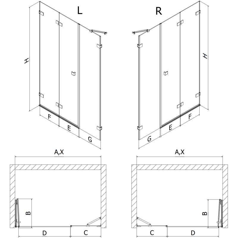 Mexen Lunar-F sklopné sprchové dveře levé 110 cm, transparentní, zlaté - 836S-110-050-50-00-L