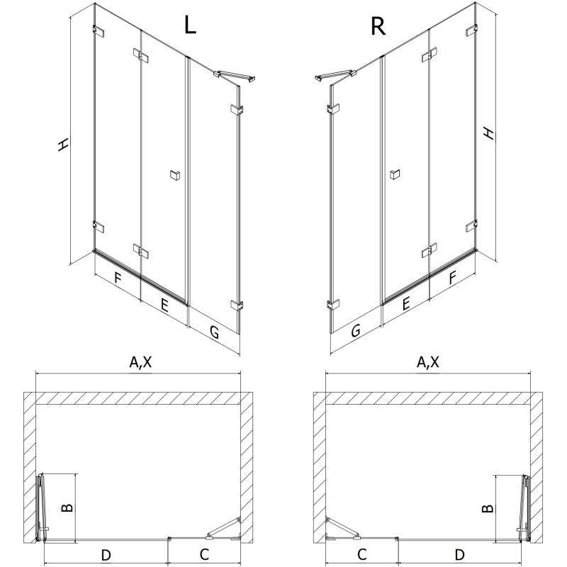 Mexen Lunar-F skládací sprchové dveře levé 145 cm, transparentní, zlaté kartáčované - 836S-145-050-55-00-L