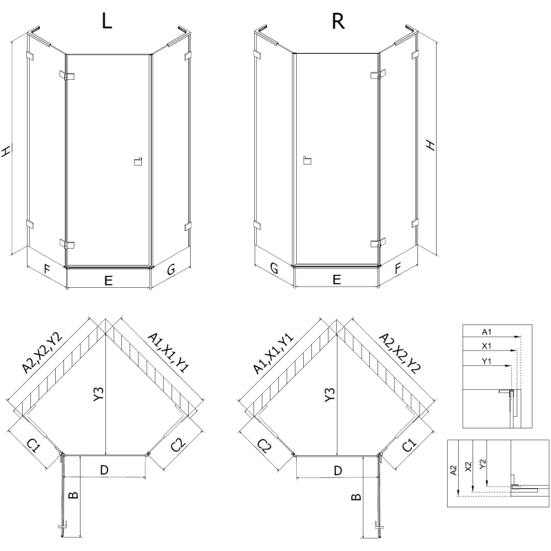 Mexen Lunar L Pentagónová sprchová kabina s levým závěsem 100 x 80 cm, transparentní, kartáčovaný nikl - 831L-100L-080P-97-00-L