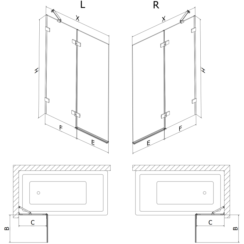 Mexen Lunar vanová zástěna 2křídlová levá 130 x 150 cm, transparentní, zlatý kartáčovaný - 897-130-100-55-00-L