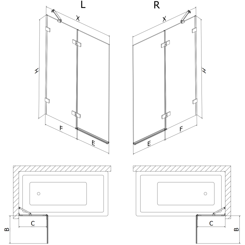 Mexen Lunar vanová zástěna 2-křídlová levá 90 x 150 cm, transparentní, kartáčovaná měď - 897-090-100-65-00-L