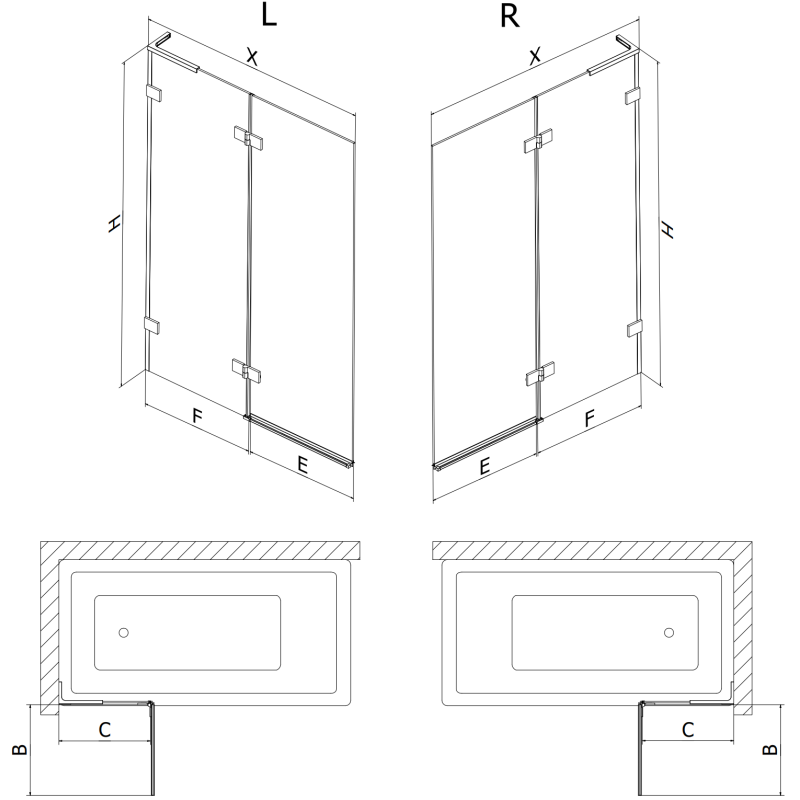 Mexen Lunar L vanová zástěna 2-křídlová levá 90 x 150 cm, transparentní, kartáčovaná měď - 897L-090-100-65-00-L