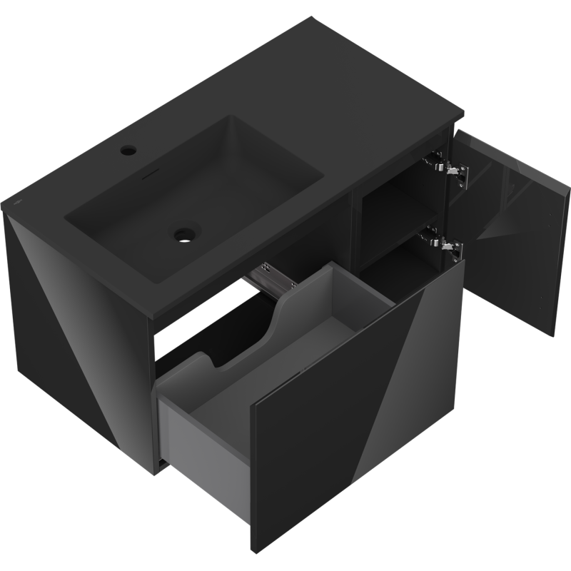 Mexen Orio koupelnová skříňka 90 cm s umyvadlem Otis levá, 1S, 1D, černý lesk/černý mat - 91A13-09047-3-BBFF70-W18L71